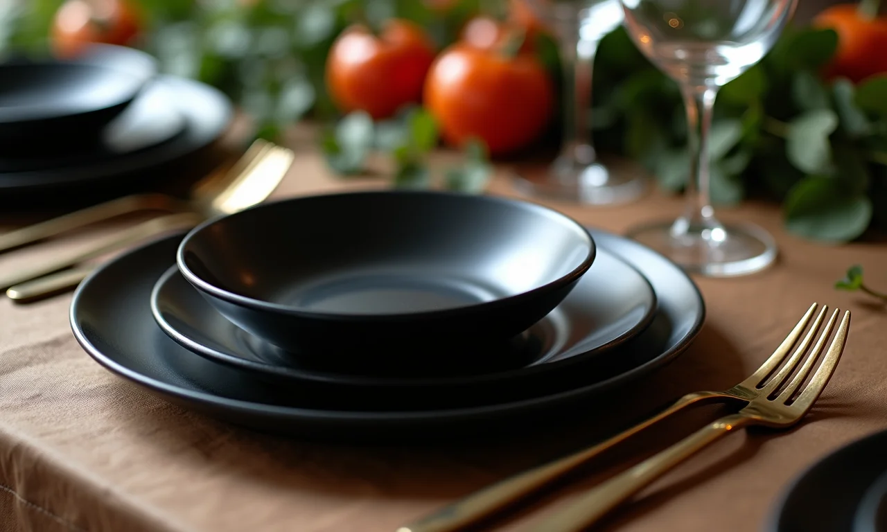 Louças e utensílios pretos em uma mesa de casamento moderna e elegante.