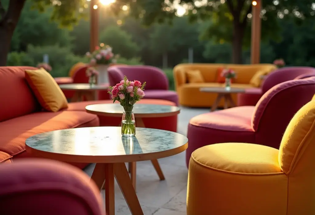 Lounge moderno com pufes e bistrôs substituindo cadeiras em casamento