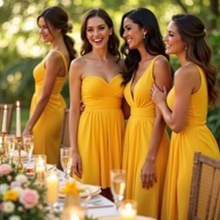 Madrinha em vestido curto amarelo rindo com a noiva.