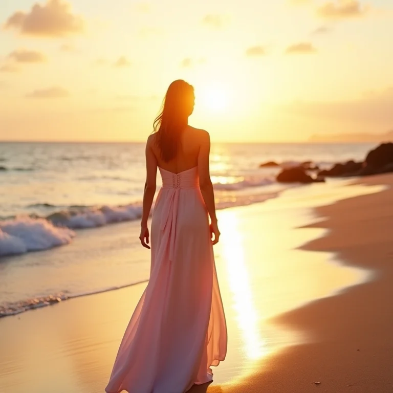 Madrinha em vestido longo rosa em casamento na praia.
