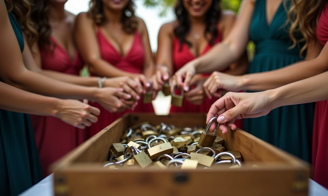 Madrinhas abrindo caixa de cadeados com nomes em um casamento.