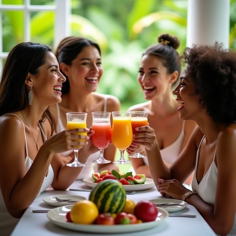 Madrinhas brindando com smoothies em almoço pré-casamento.