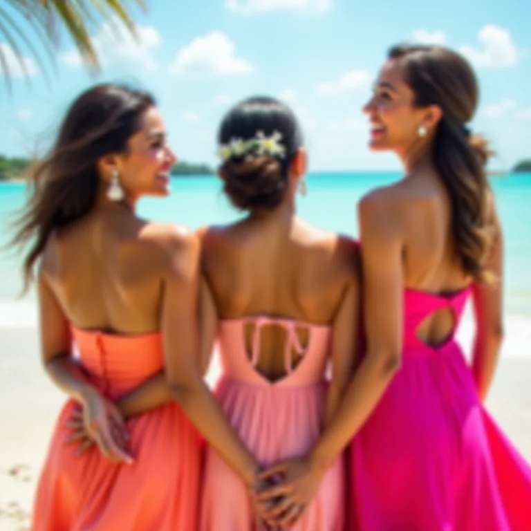 Madrinhas com vestidos coloridos em casamento na praia