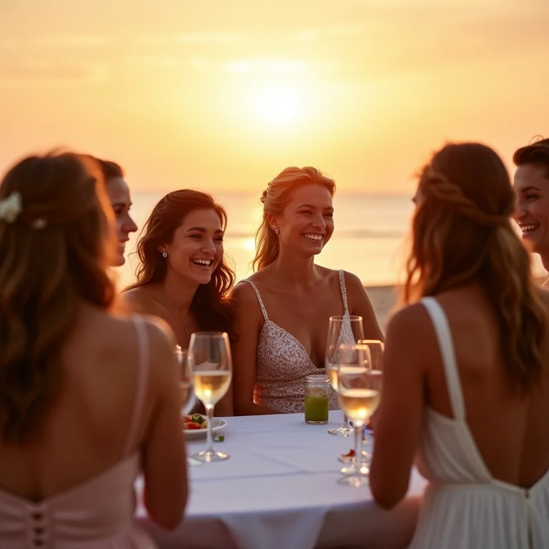 Madrinhas diversas reunidas em volta de uma mesa sem toalha em um casamento na praia ao pôr do sol.