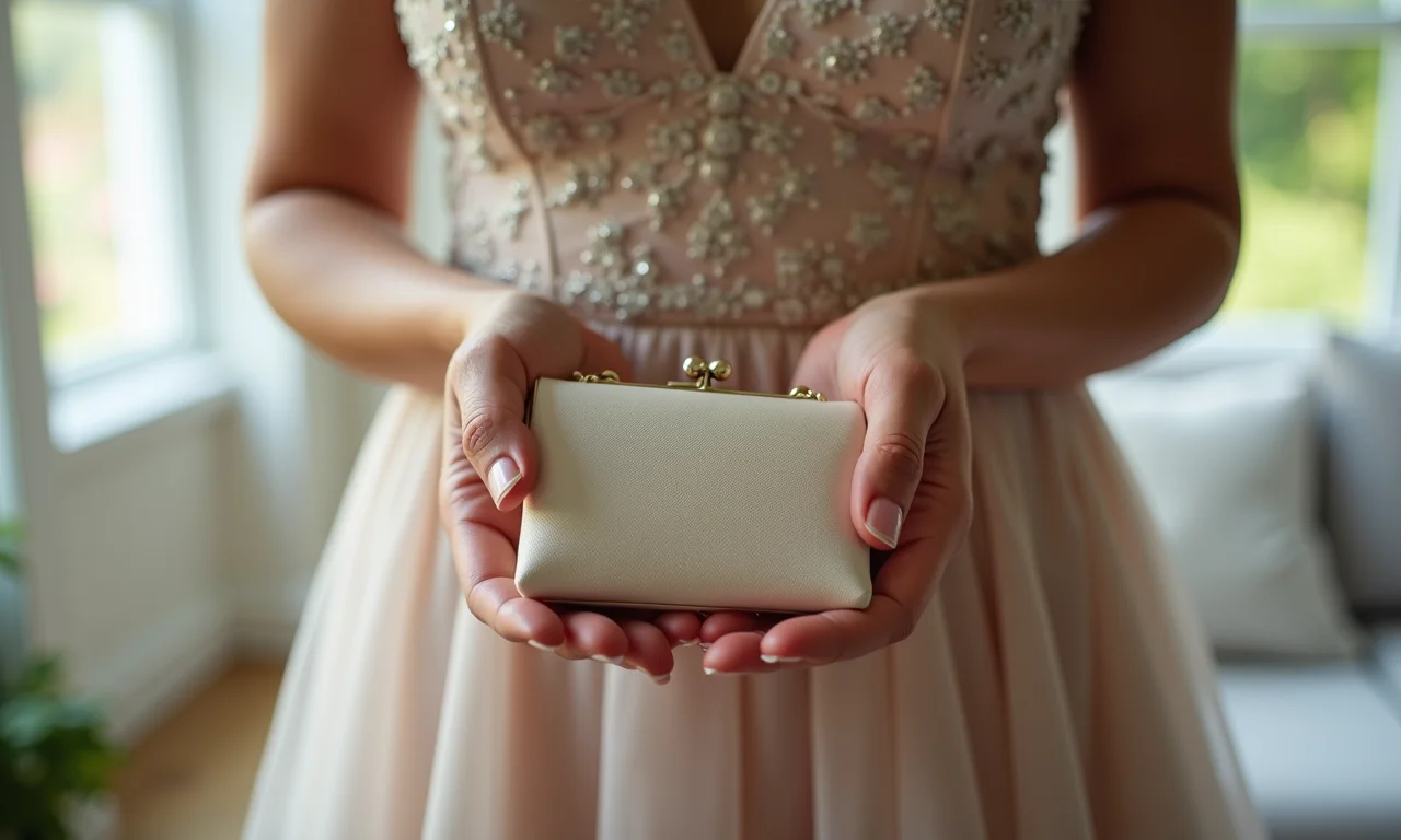 Mãe da noiva segurando uma bolsa pequena e elegante.