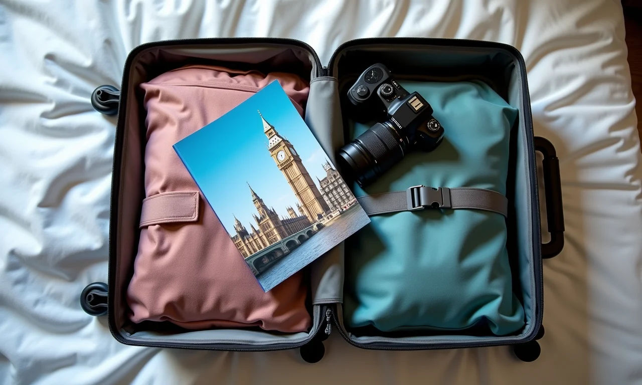 Mala aberta com documentos de viagem, câmera e guia de Londres: itens essenciais para a lua de mel.