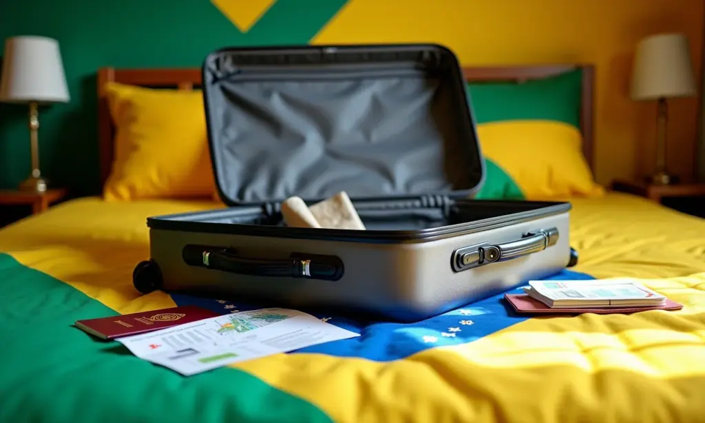 Mala aberta com documentos de viagem, passaporte e passagens em cama colorida.