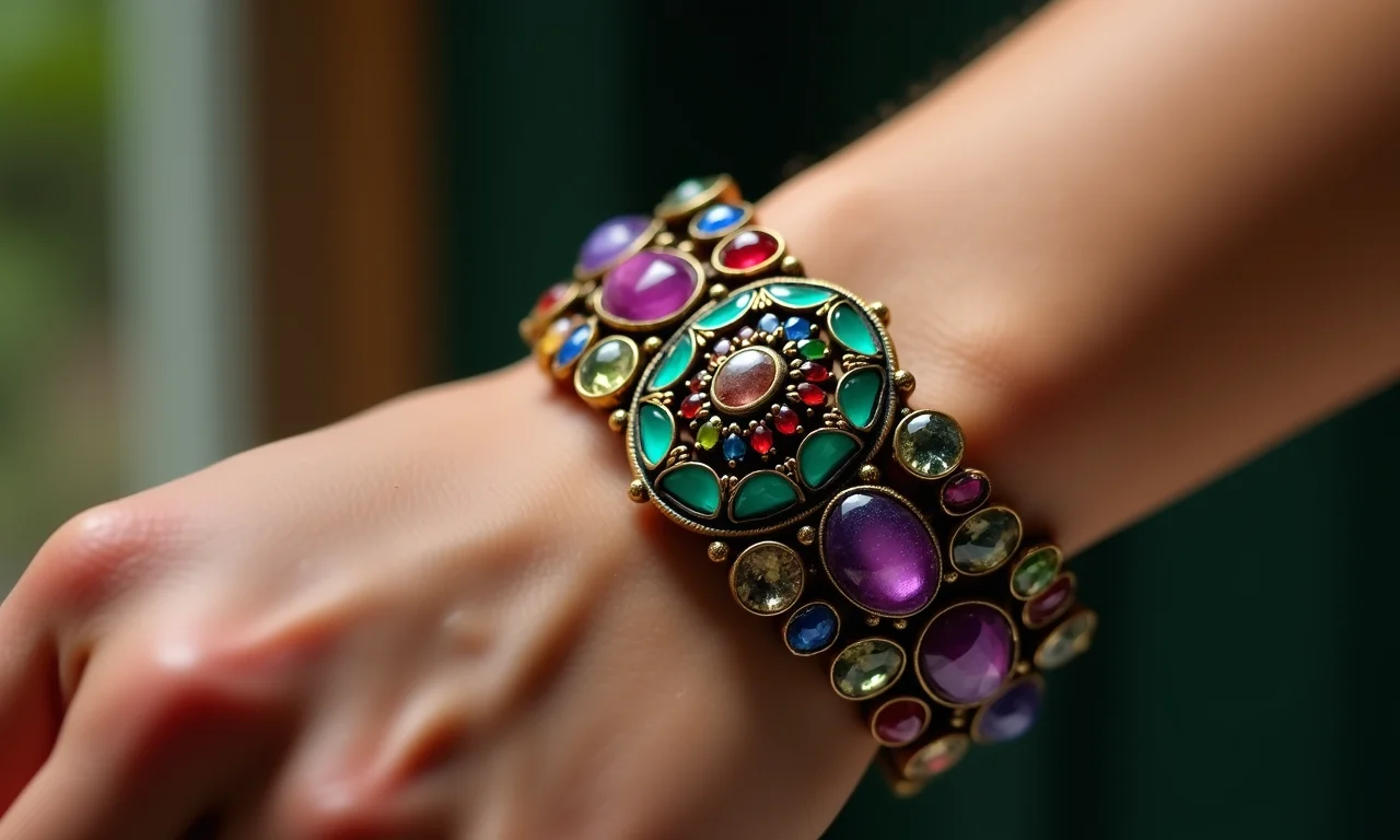 Mão exibindo pulseira de herança com pedras preciosas, cores vibrantes.