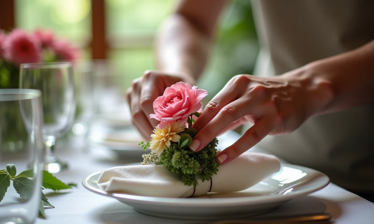 Mão preparando porta-guardanapos com flores naturais.