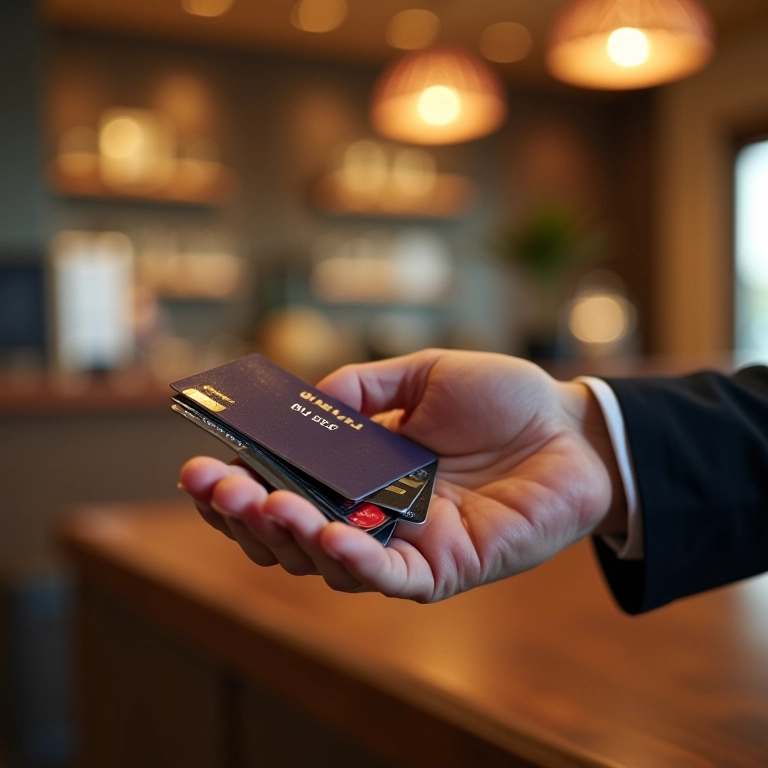 Mão segurando cartão de crédito perto da recepção de pousada charmosa.