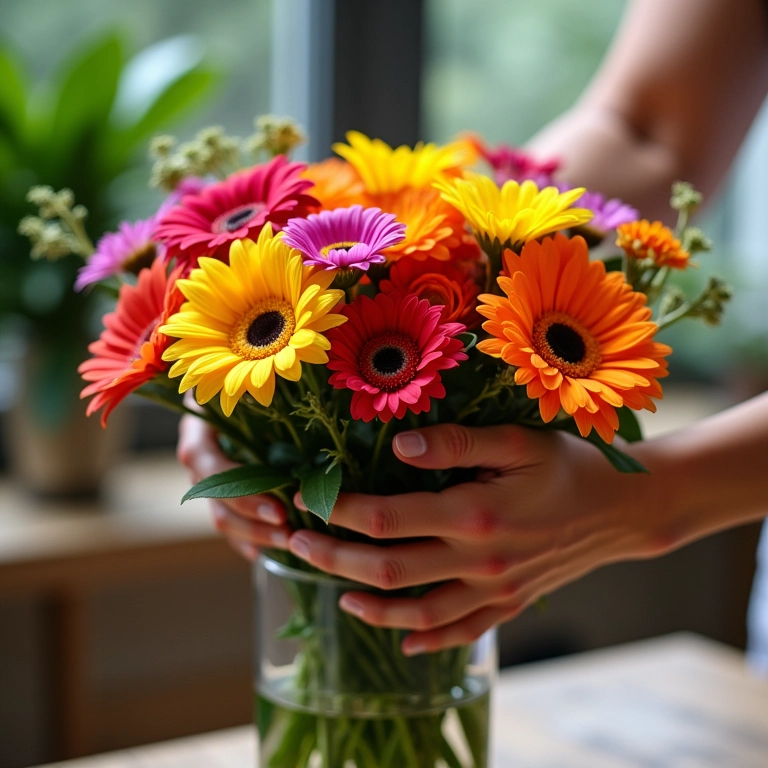 Mãos arrumando flores coloridas em um vaso.