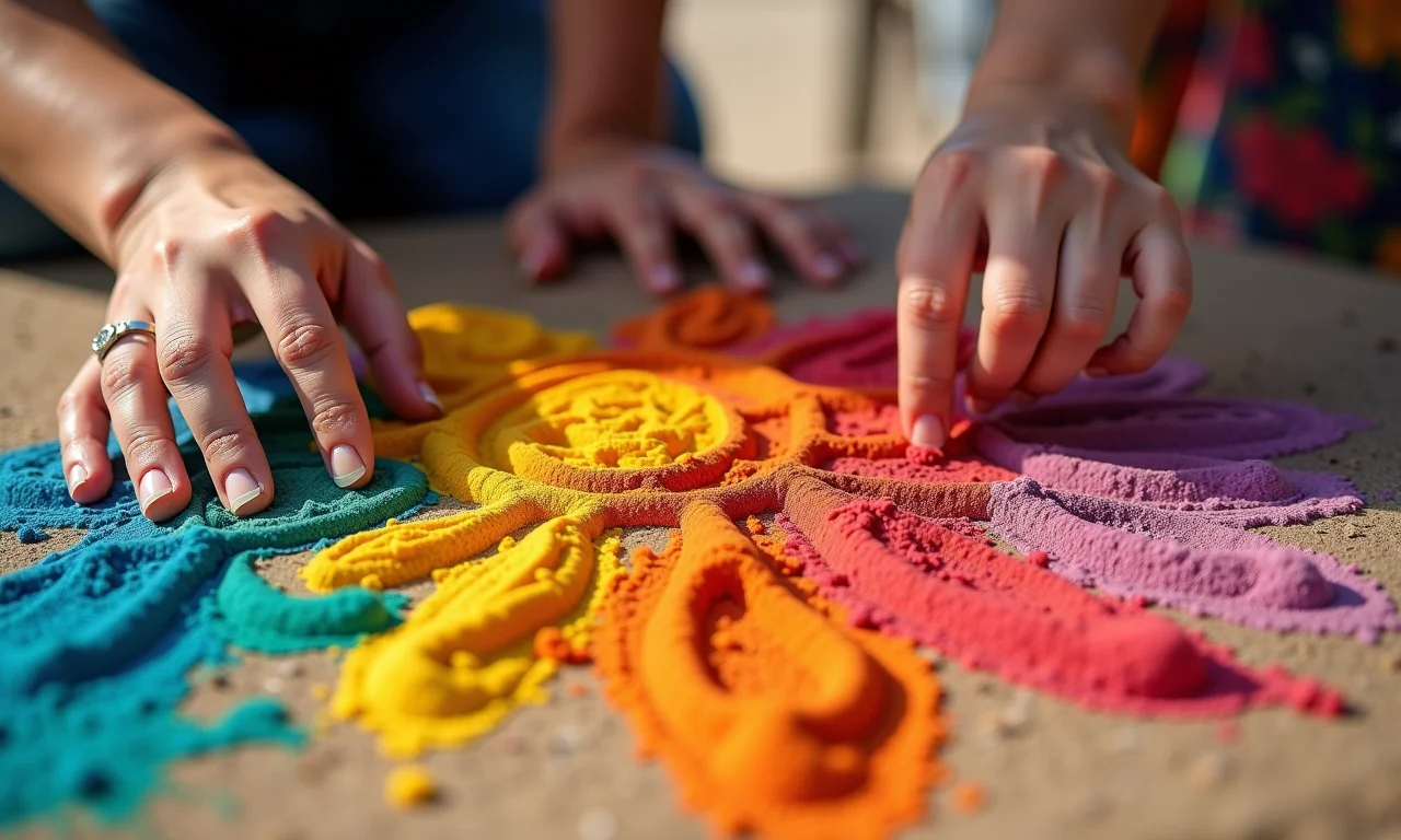 Mãos criando arte com areia durante a cerimônia.