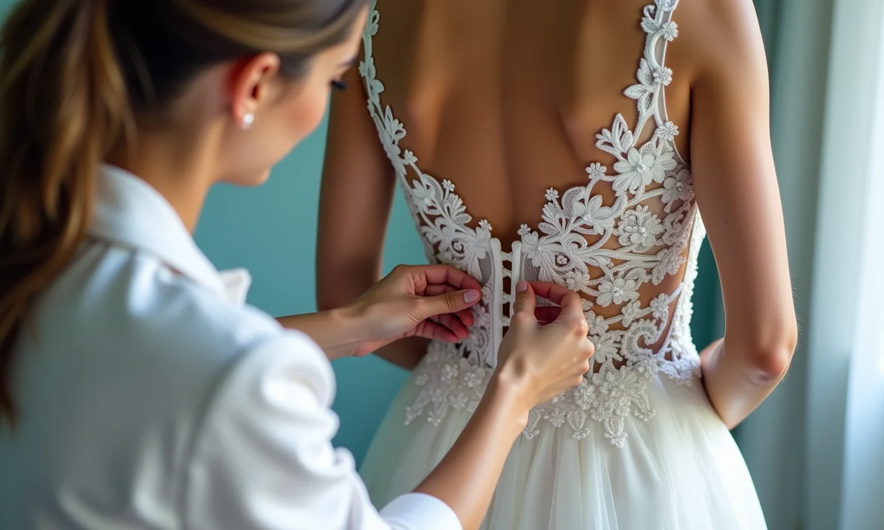 Mãos de especialista ajustando um vestido de noiva midi em um ateliê.