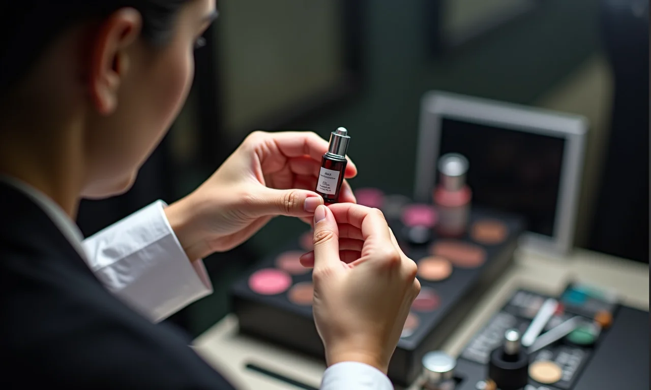 Mãos de expert aplicando maquiagem com produtos de beleza.