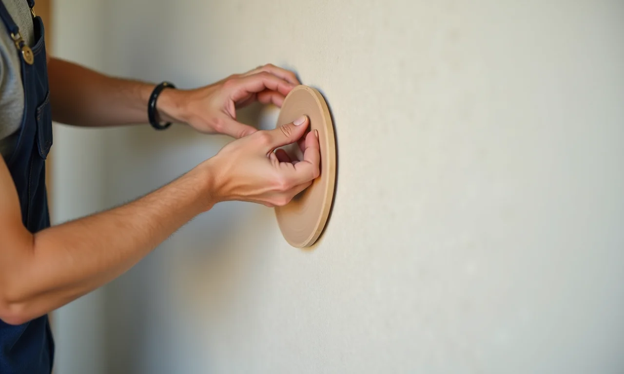 Mãos fixando um painel redondo na parede.