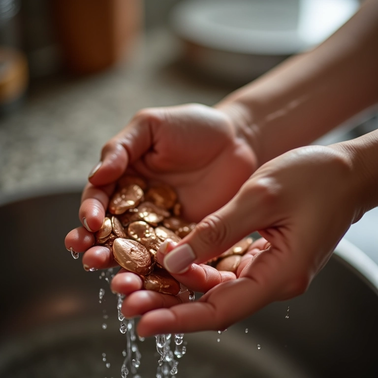 Mãos lavando delicadamente talheres de cobre para evitar manchas e arranhões.