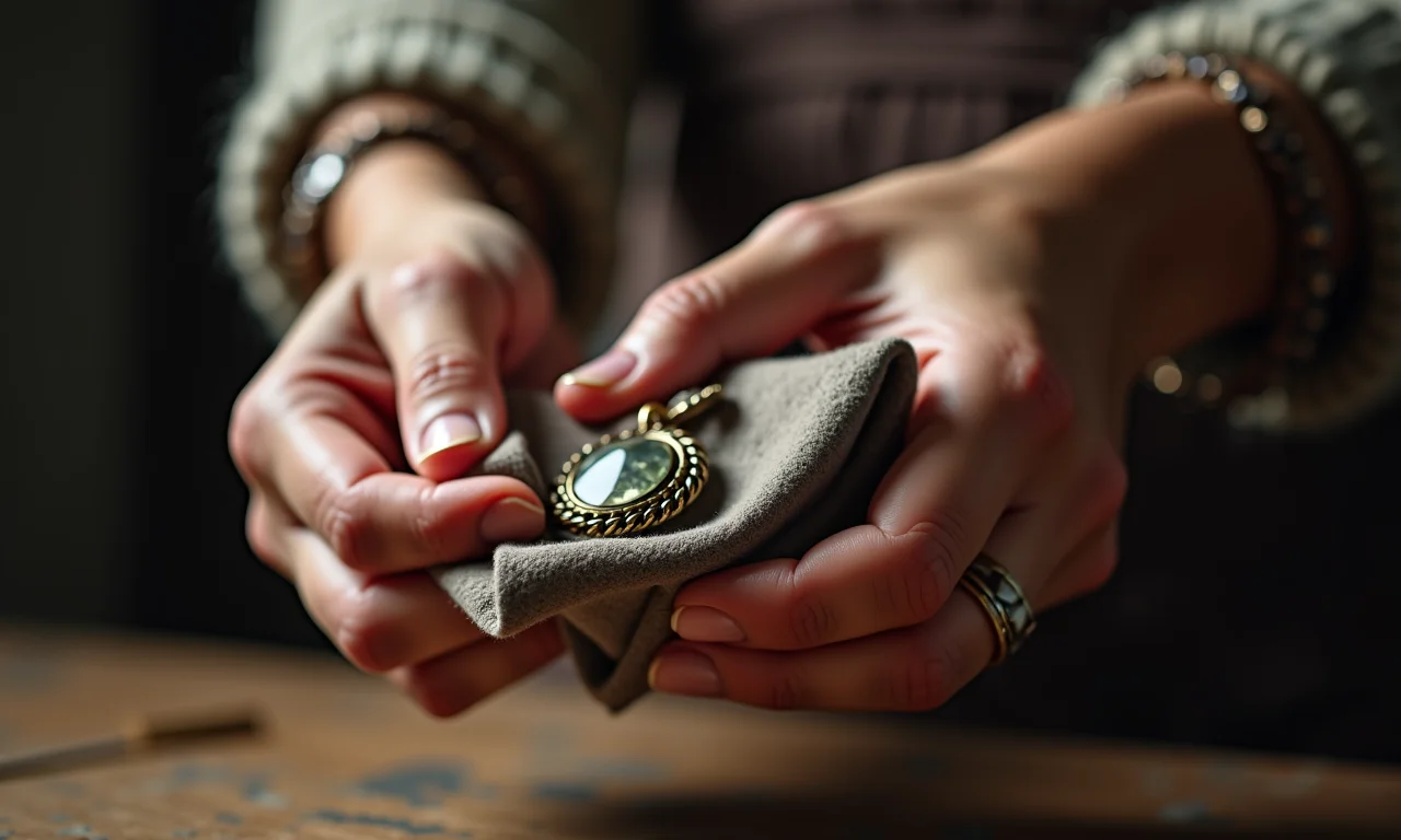 Mãos limpando delicadamente joias antigas com pano macio.