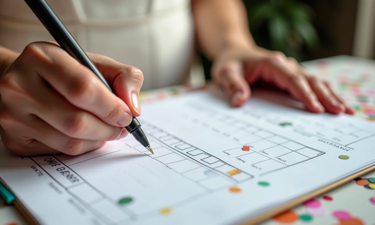 Mãos marcando itens em check-list da semana do casamento.