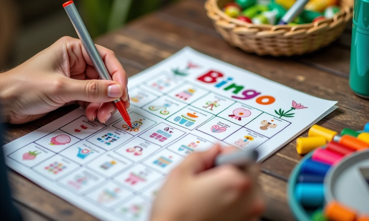 Mãos montando cartelas de bingo para chá de panela.