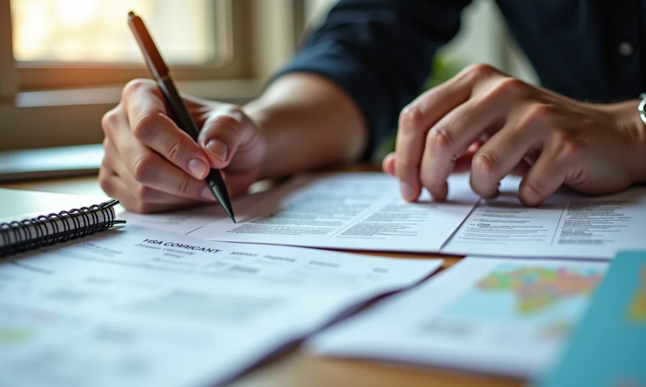Mãos organizando documentos de viagem importantes.