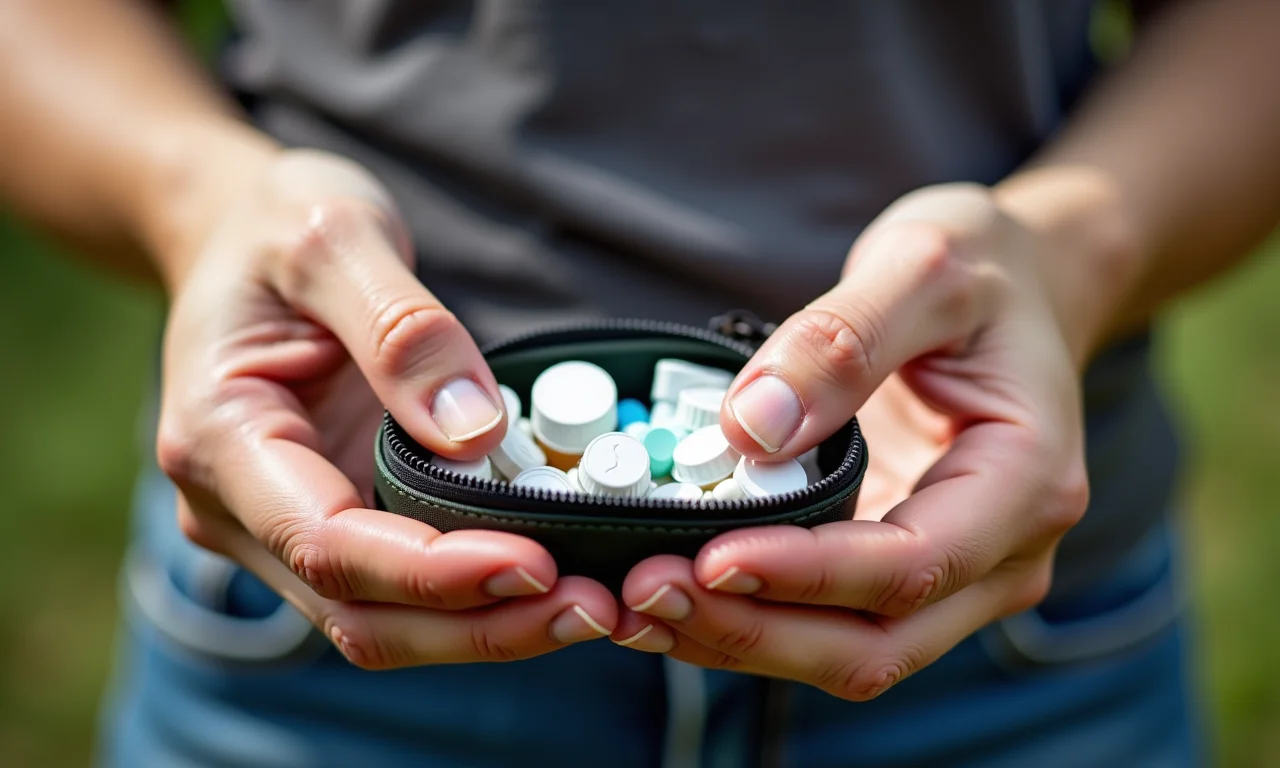 Mãos preparando kit de primeiros socorros para viagem.
