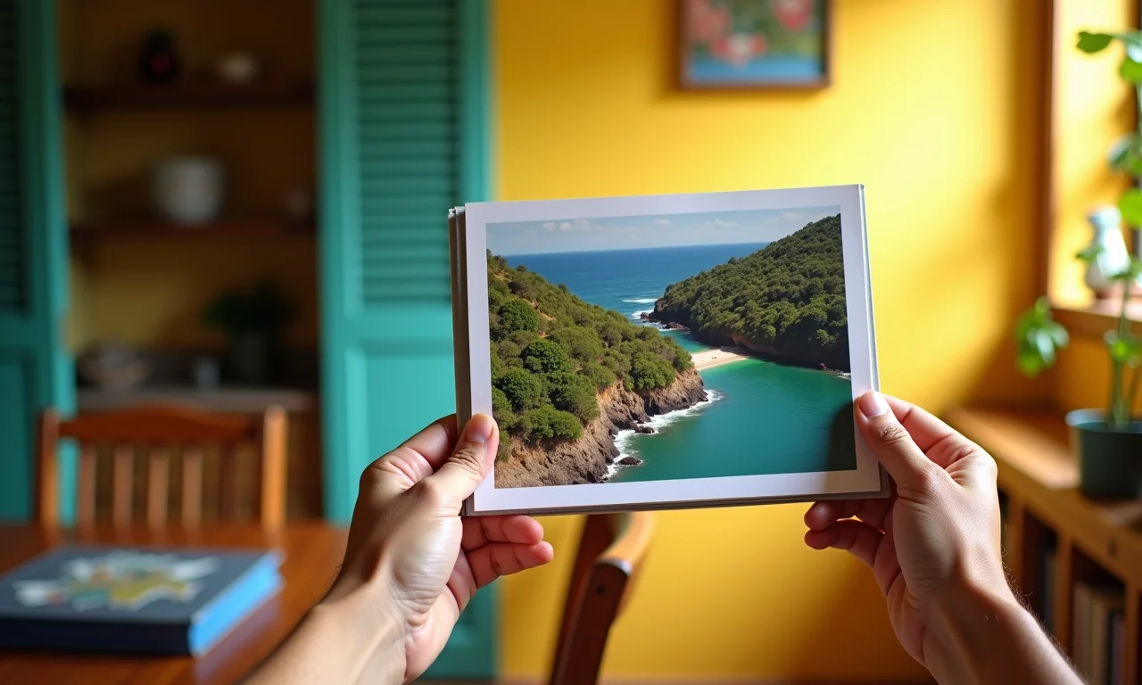 Mãos segurando álbum de fotos impresso.