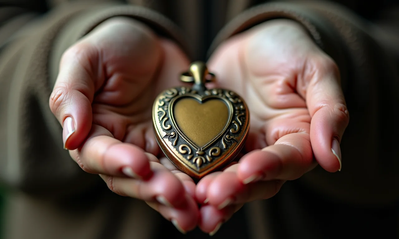 Mãos segurando relicário vintage, foco nos detalhes e valor sentimental.