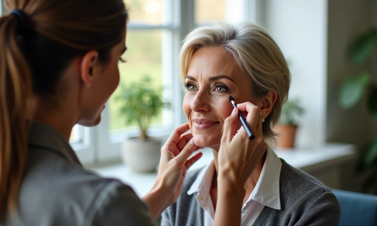 Maquiadora profissional dando dicas para senhora.