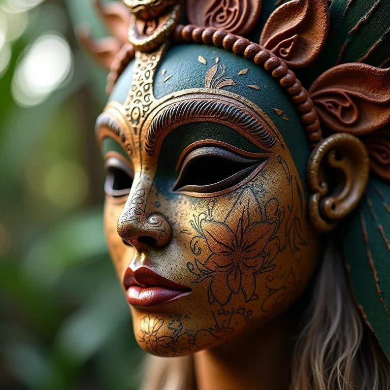 Máscara Maia artesanal exposta no parque Xcaret, México.