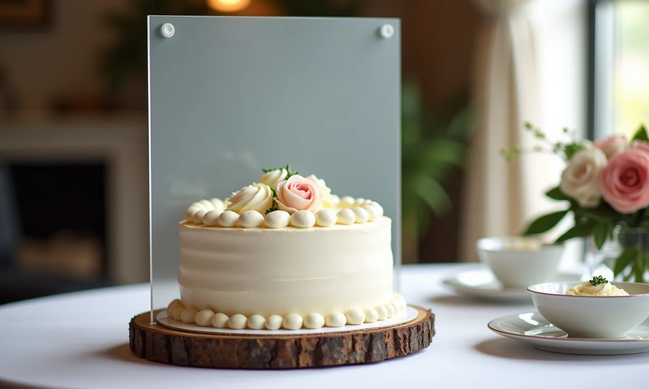 Mesa de bolo com letreiro de acrílico, clean e moderno.