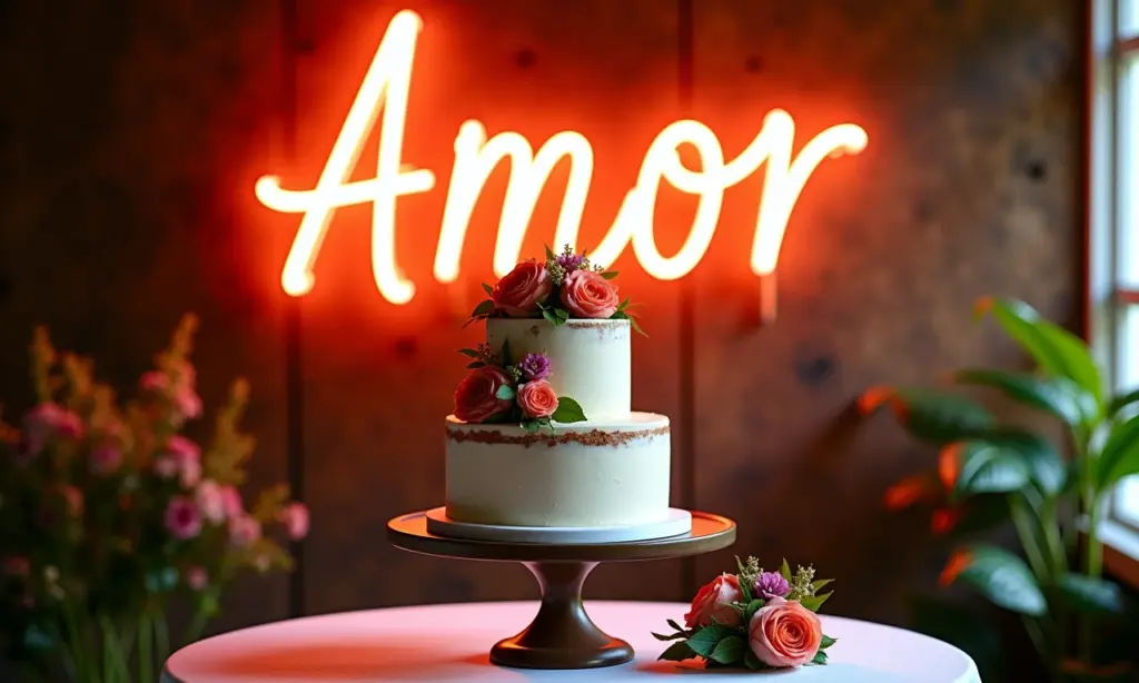 Mesa de bolo de casamento com letreiro neon 'Amor' ao fundo.