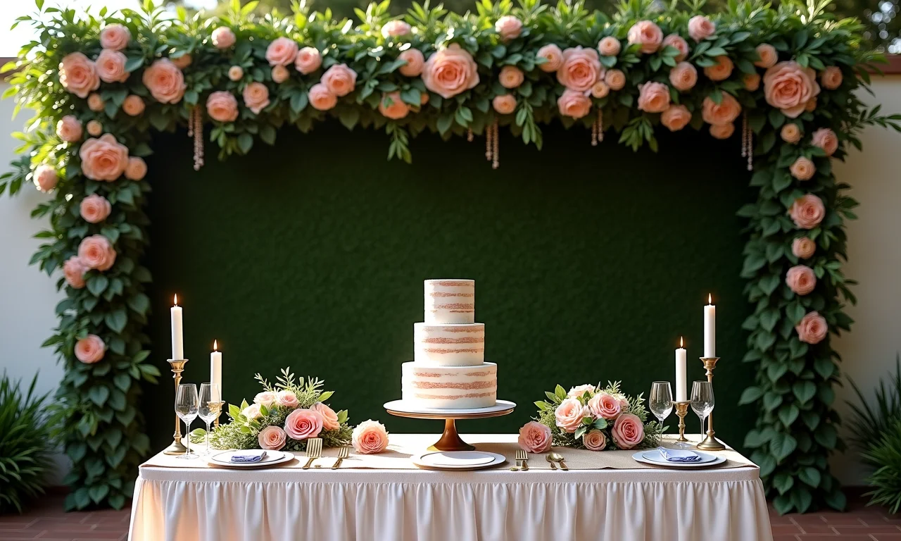 Mesa de bolo de casamento com painel de folhagens ao fundo.