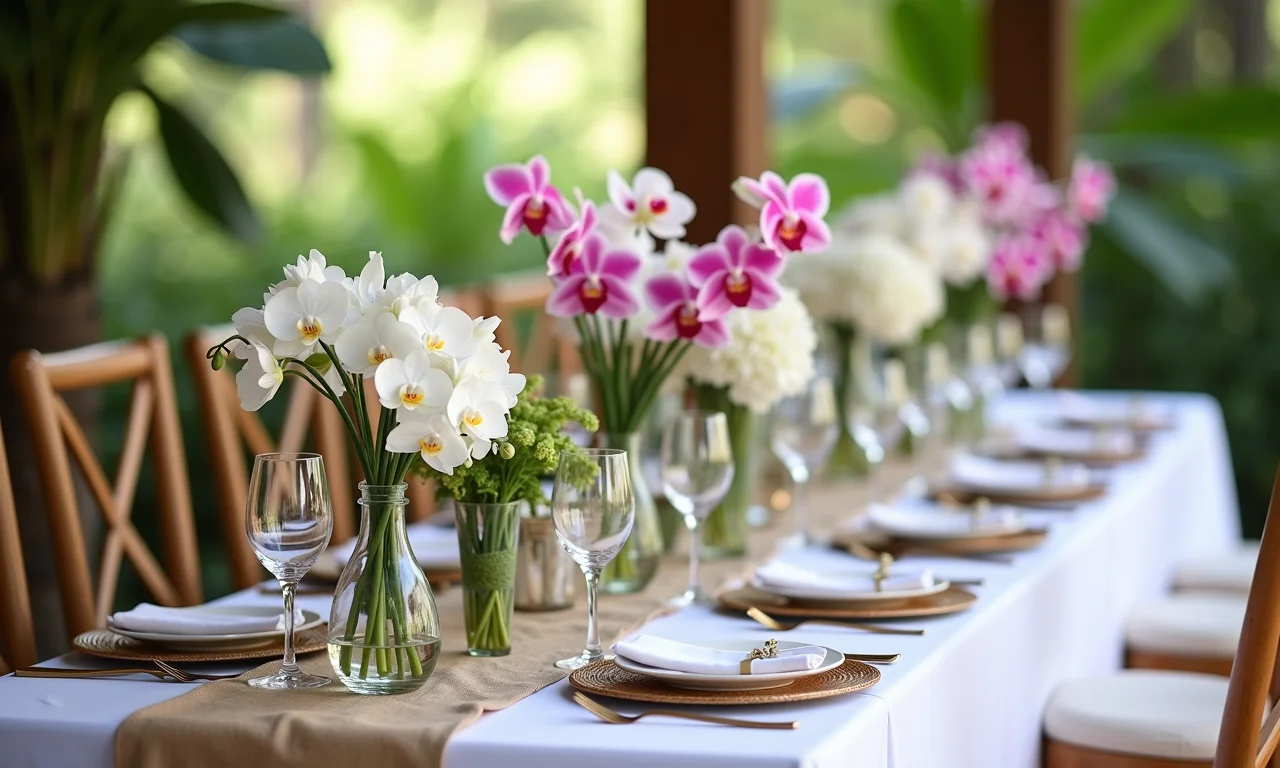 Mesa de casamento com arranjos de orquídeas.