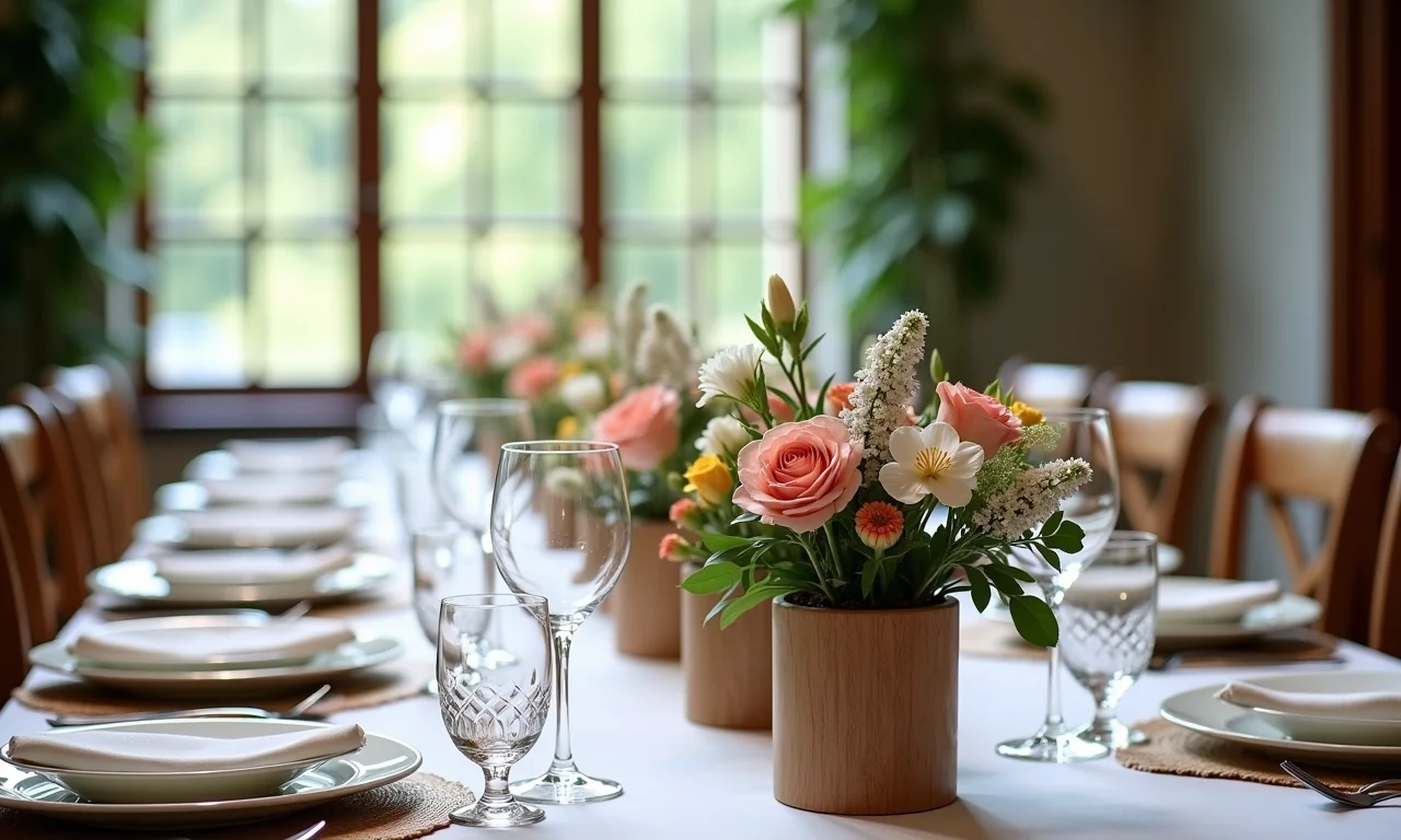 Mesa de casamento decorada com flores plantadas.