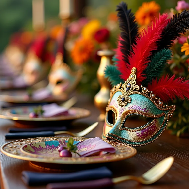 Mesa de casamento decorada com máscaras e flores vibrantes no estilo veneziano