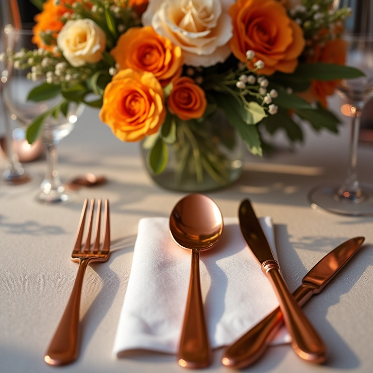 Mesa de casamento decorada com talheres de cobre e arranjos florais coloridos.