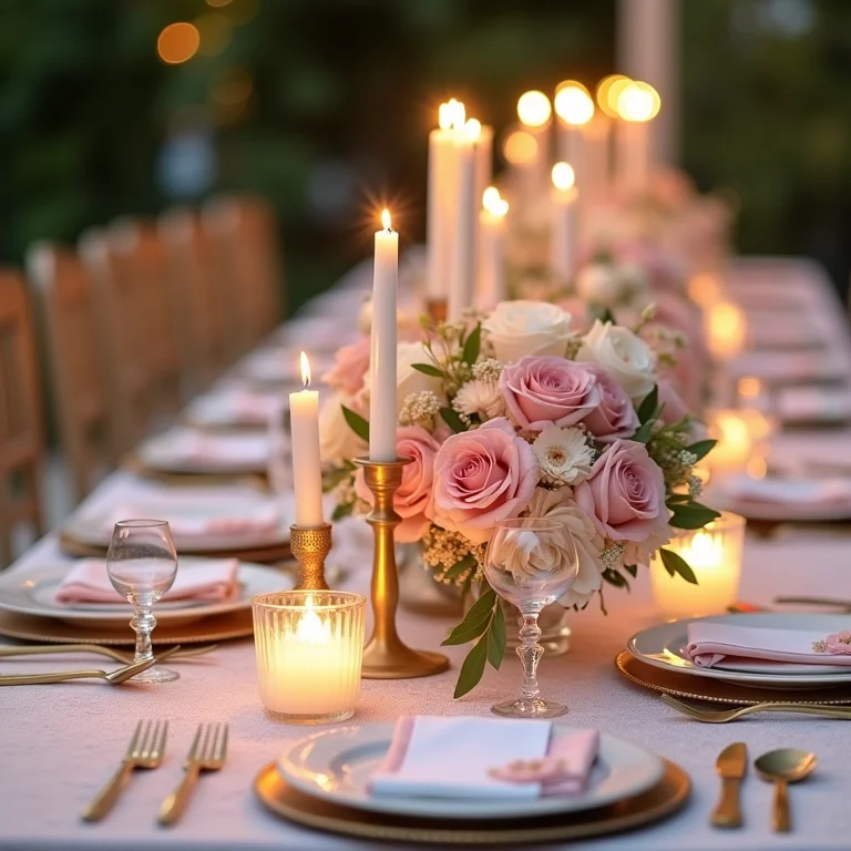 Mesa de casamento decorada em tons de rosa, dourado e branco