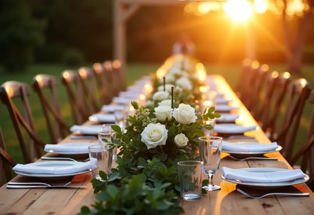 Mesa de convidados sem toalha: 6 ideias modernas e chiques! Mesa de convidados de madeira sem toalha decorada com guirlanda verde e rosas brancas.