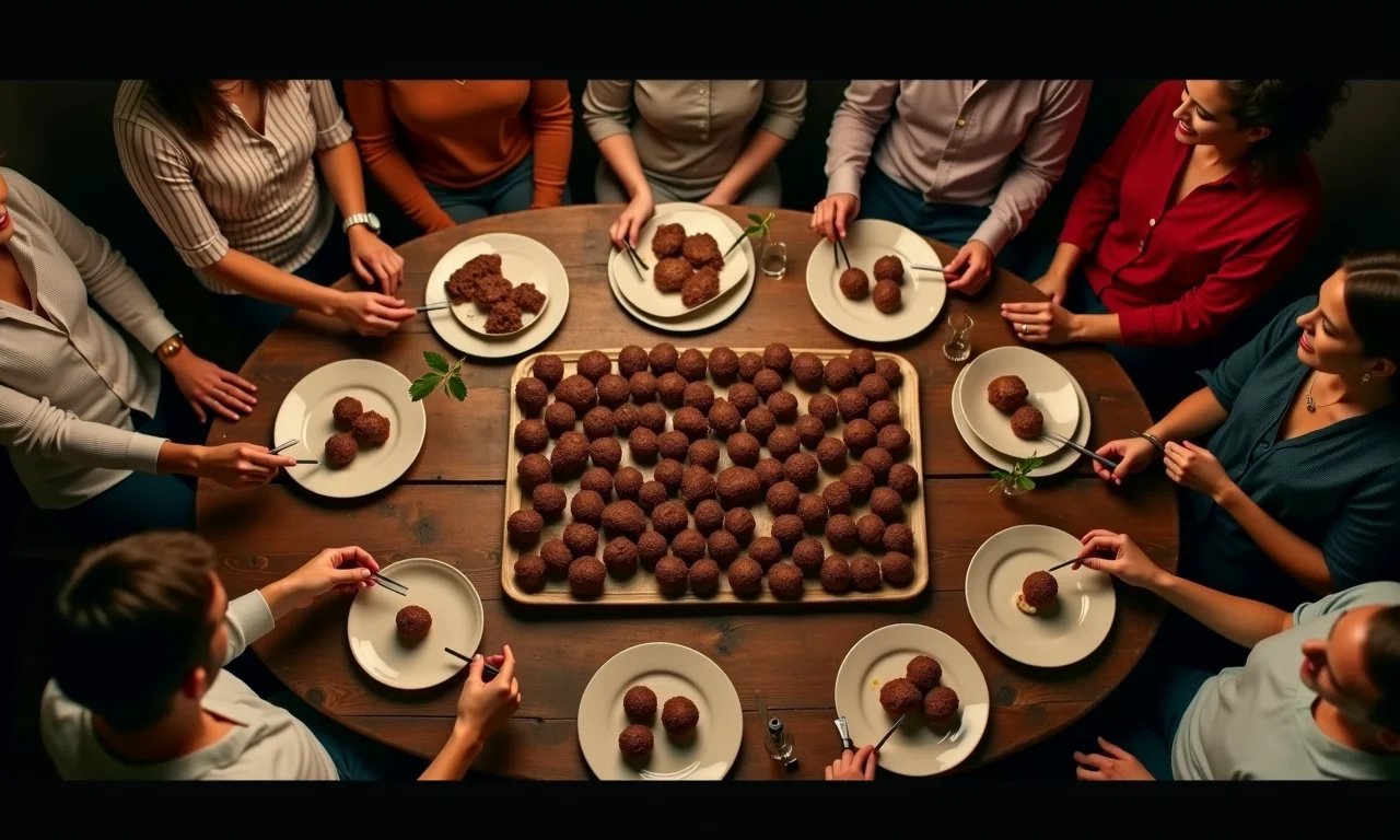 Mesa de festa com diversos brigadeiros, calculando a quantidade ideal por pessoa.