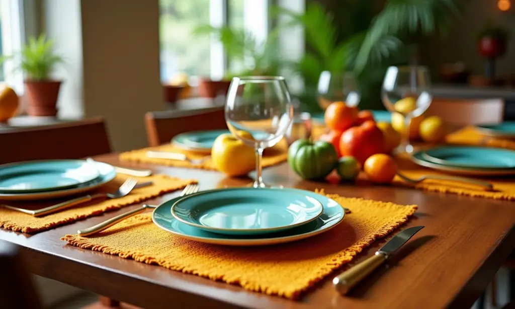 Mesa de jantar com jogos americanos coloridos.