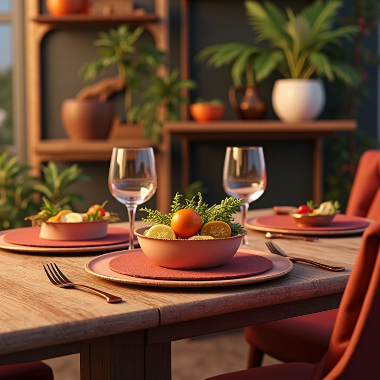 Mesa de jantar decorada com talheres de cobre e elementos vibrantes ao estilo Farm Rio.