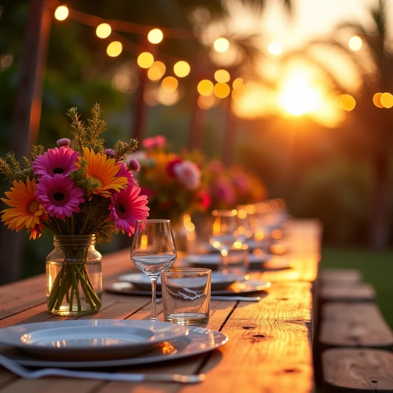 Mesa de madeira sem toalha decorada com flores coloridas e luzes em um casamento brasileiro vibrante.
