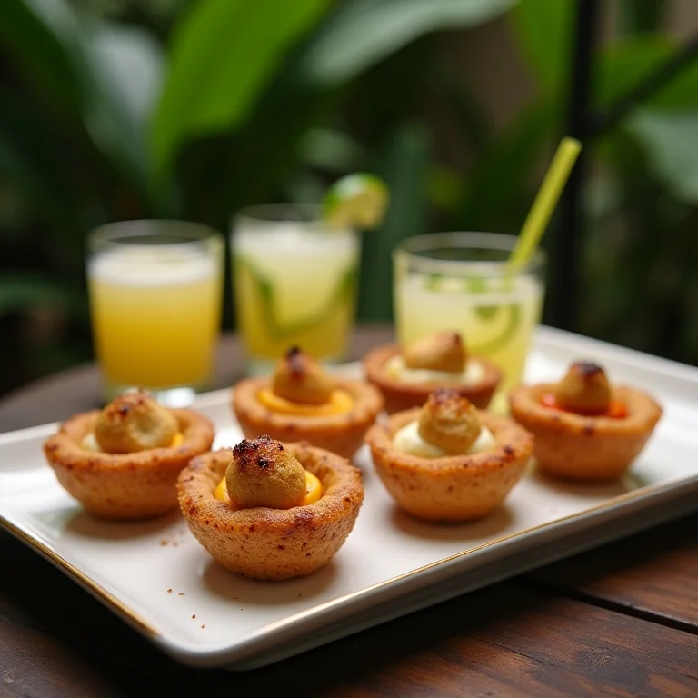 Mesa de petiscos e drinks brasileiros em welcome party com tema tropical