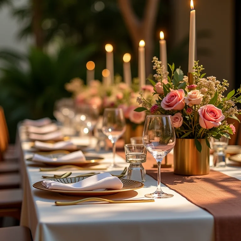 Mesa de recepção com centros de mesa geométricos e arranjos florais