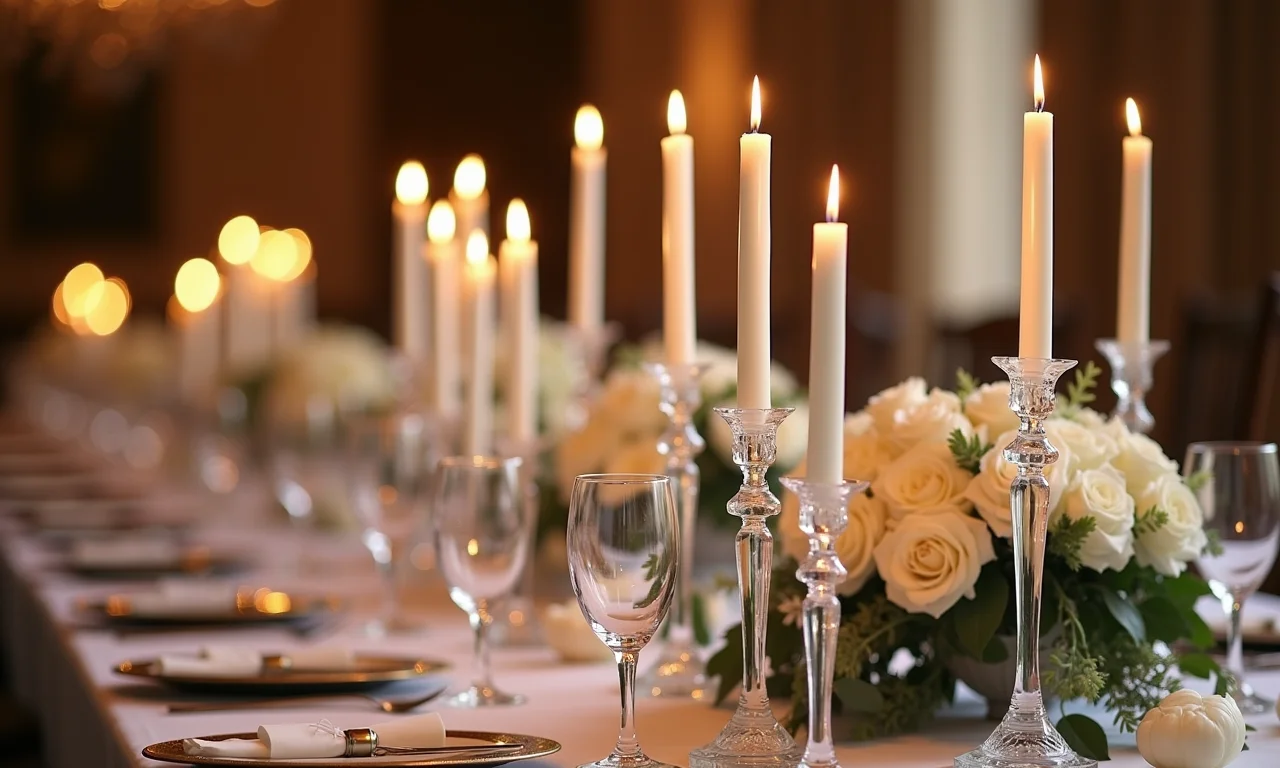 Mesa de recepção de casamento decorada com castiçais de cristal e velas brancas.