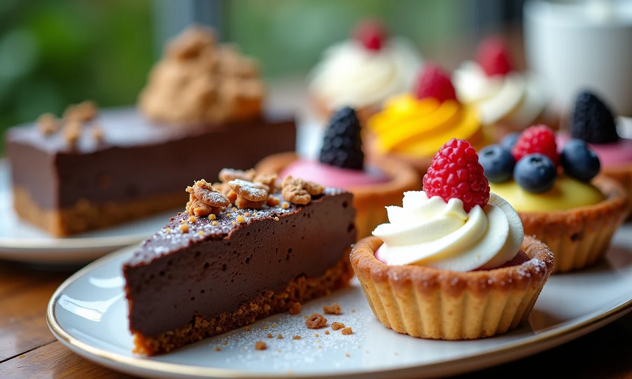 Mesa de sobremesas com doces veganos e vegetarianos: bolo de chocolate, tortas de frutas e pudim de coco.