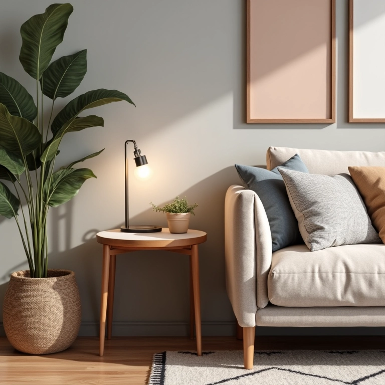 Mesa lateral combinando com as cores do sofá em sala moderna.