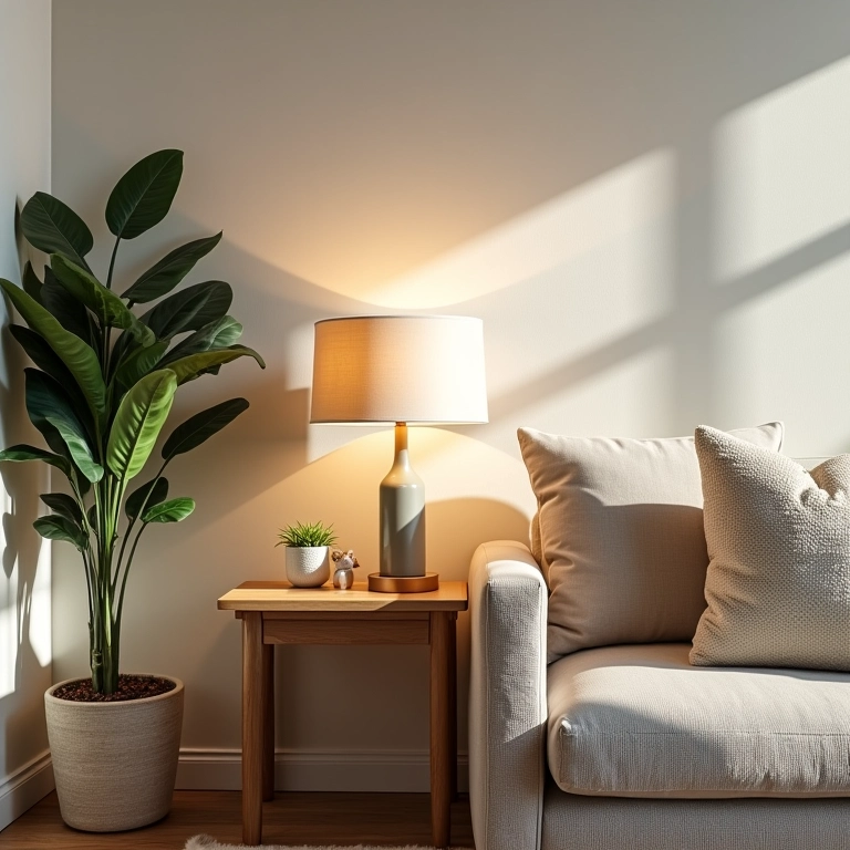 Mesa lateral posicionada ao lado de um sofá com luminária e plantas.