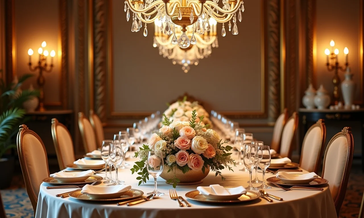 Mesa posta em casamento glamour vintage com detalhes dourados.