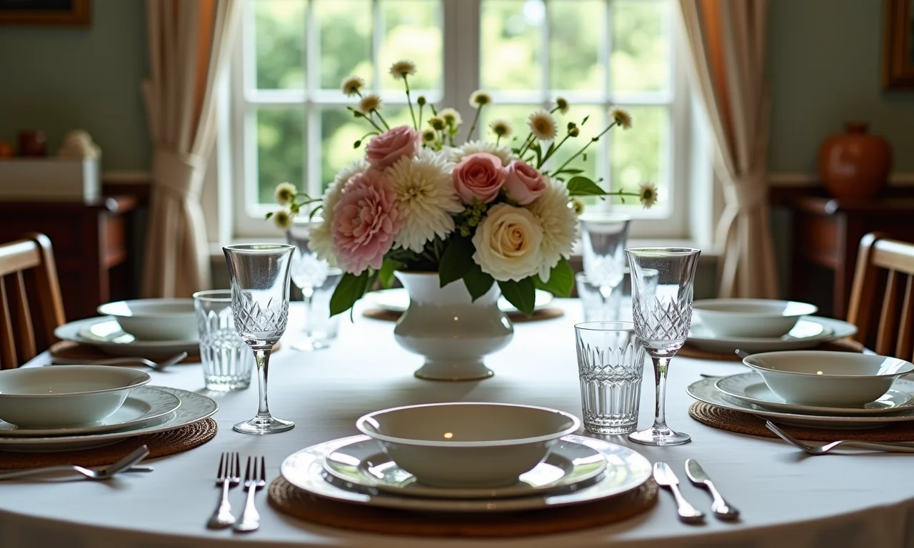 Mesa posta em estilo vintage com louças antigas e arranjo floral.